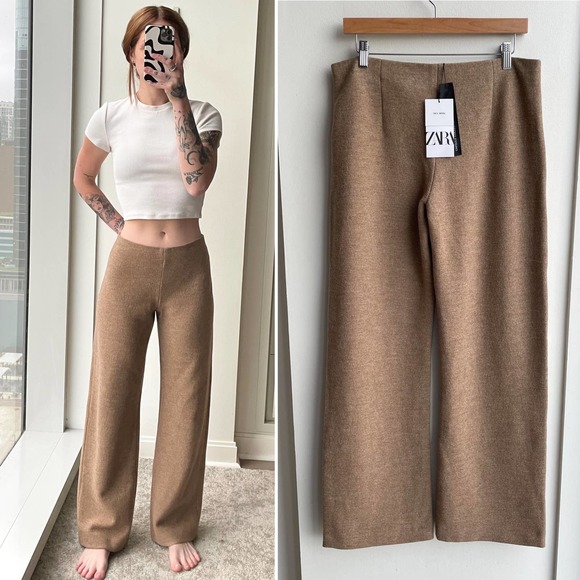 Zara Pants - Zara LIMITED EDITION 100% Wool Brown Wide Leg Trousers - Size L - NWT